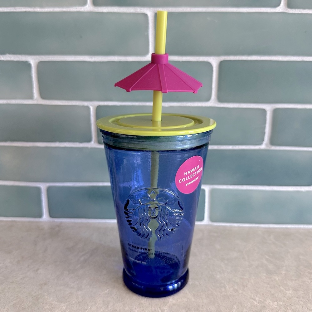 🆕 Starbucks Hawaii Exclusive Blue Glass Tumbler w/Green Lid & Mauve Umbrella